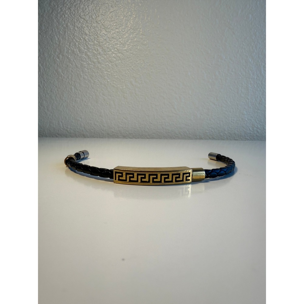Steeltime Mens Greek Key Braided Leather Bracelet Gold Tone Stainless Steel